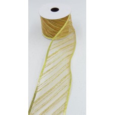 2.5 Inch Wired Christmas Ribbon with Gold Metallic Diagonal Strip on Gold Organga, 2-1/2 In. X 10 Yds (Lot of 1 Spool) SALE ITEM